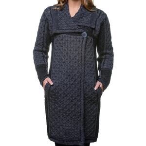 Aran Crafts Ireland Two Tone Merino Wool Grey Black Long Sweater Coat Size XS